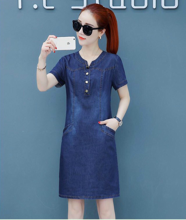 ĐẦM JEAN SUÔNG CỔ TRỤ TÚI XÉO